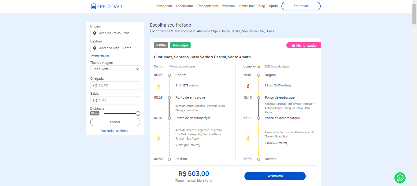 Detalhes ao buscar uma linha Fretadão