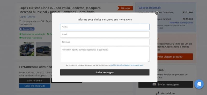Formulário mensagem - Fretadão
