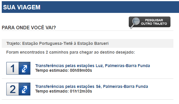 Opções de trajeto Estação Portuguesa-Tietê até Barueri - Fonte: Site Metrô SP